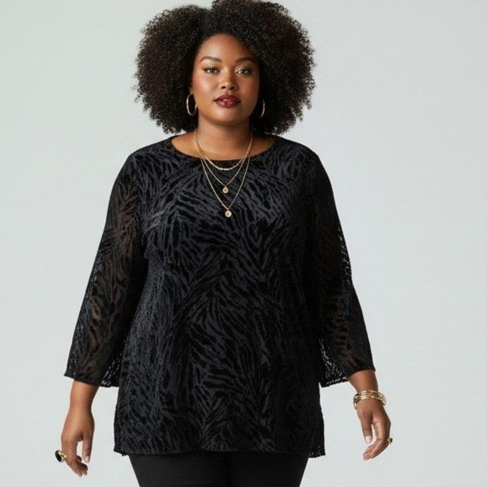 Marina Rinaldi Black Burnout Velvet Zebra Print Blouse 3/4 Sleeve Top 16